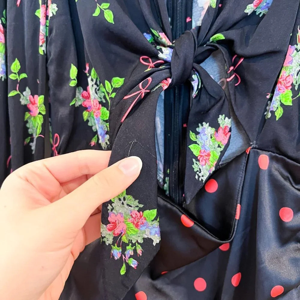 For Love & Lemons Black Satin Floral Bow Polka Dot Cutout Bodycon Midi Dress S - Picture 9 of 12